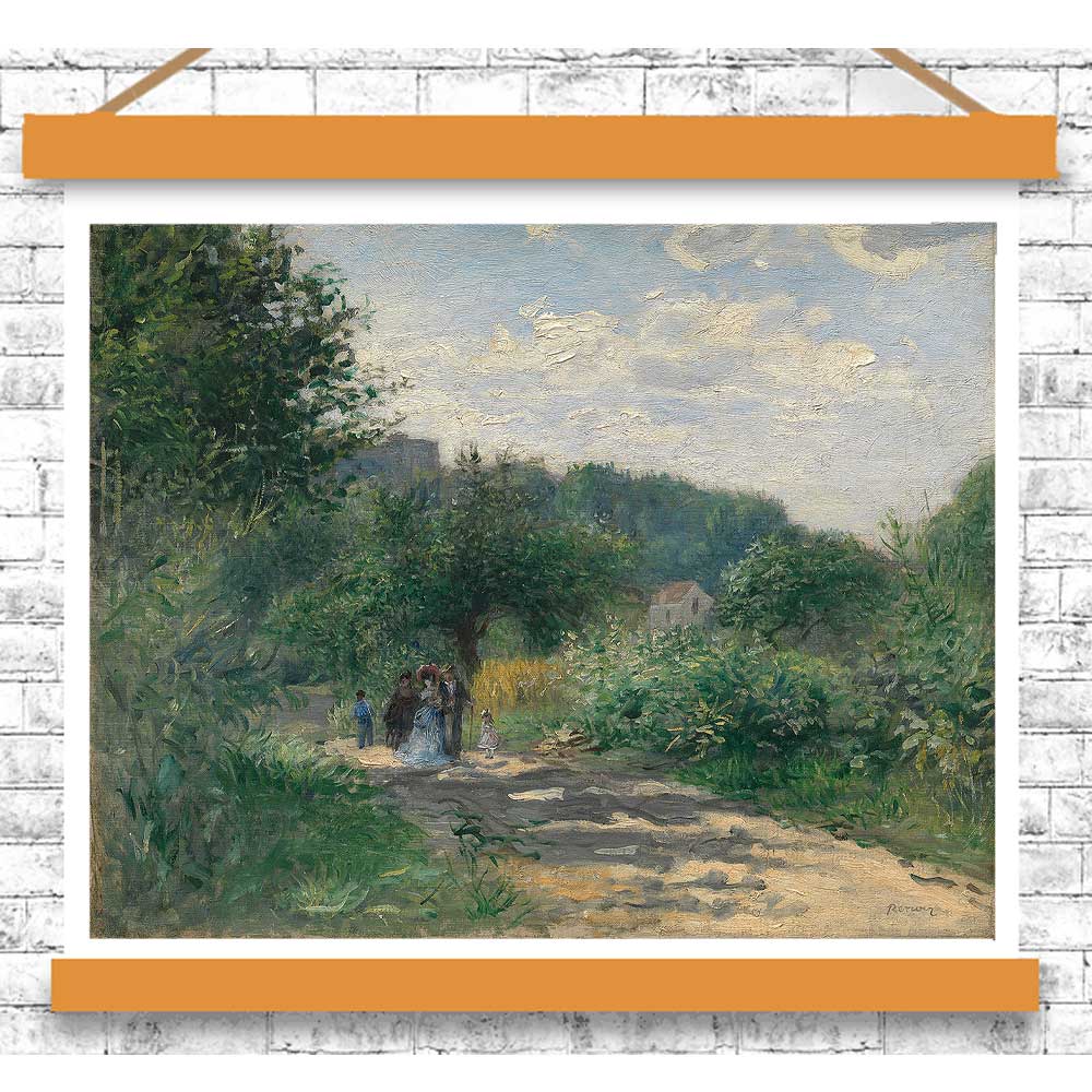 Framed painting of a landscape with people on a path, hanging on a textured white wall.