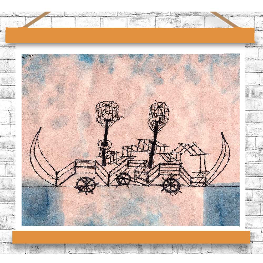 Artistic depiction of a vintage car with two cages on a watercolor background, framed with orange borders.