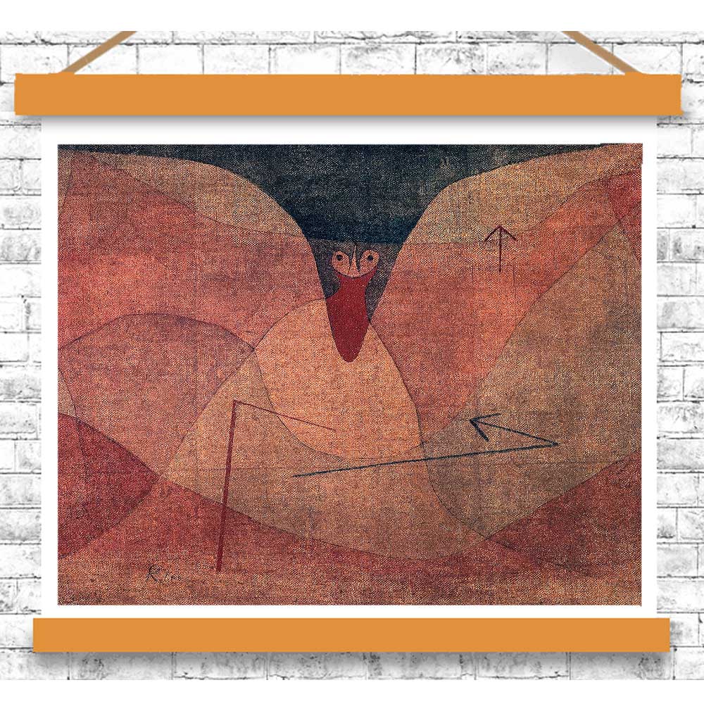 Abstract artwork of a stylized bird on a textured surface with a wooden frame.