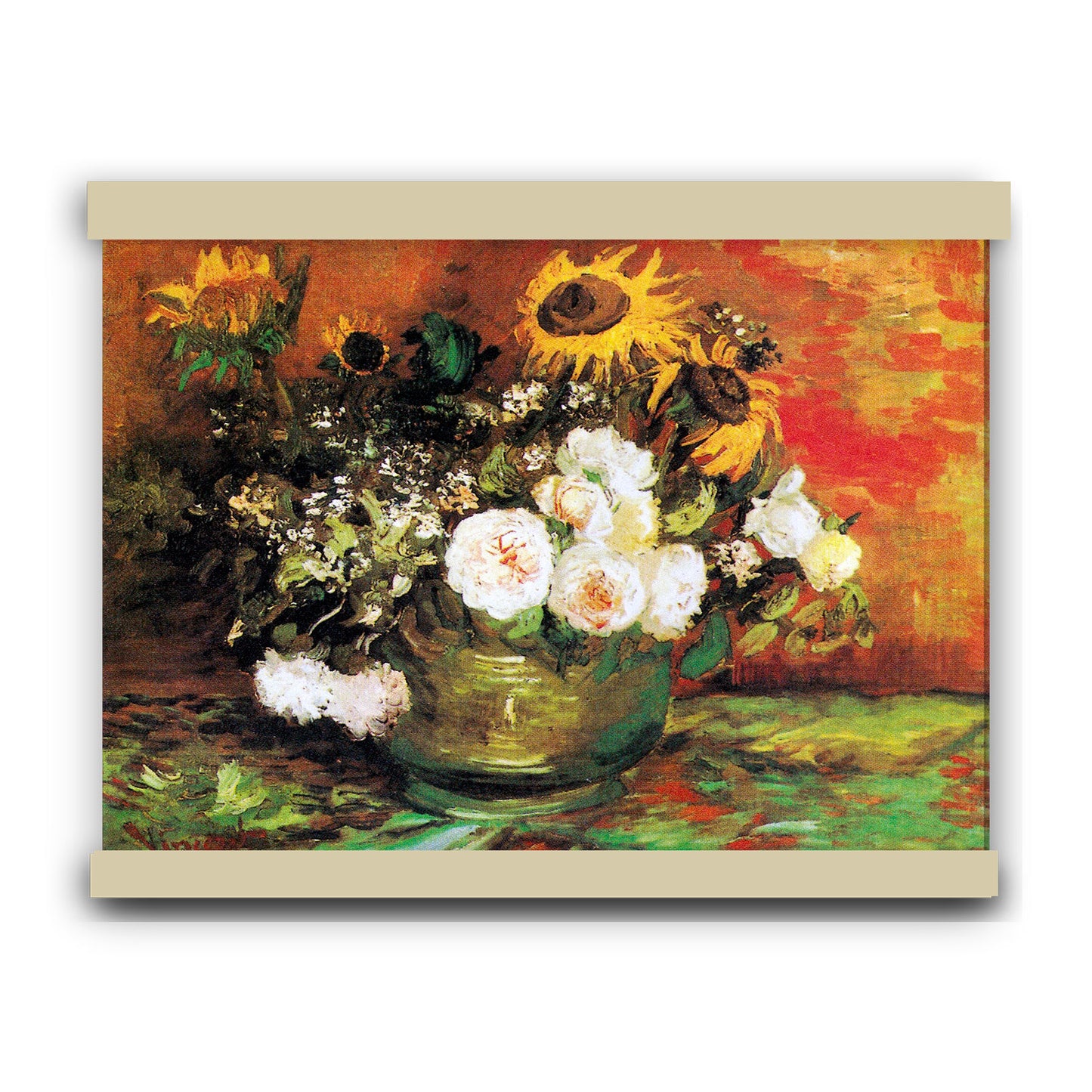 Bowl With Sunflowers Roses And Other Flowers (1886) by Vincent van Gogh | Hanging Canvas Art | Choice of Board Colors