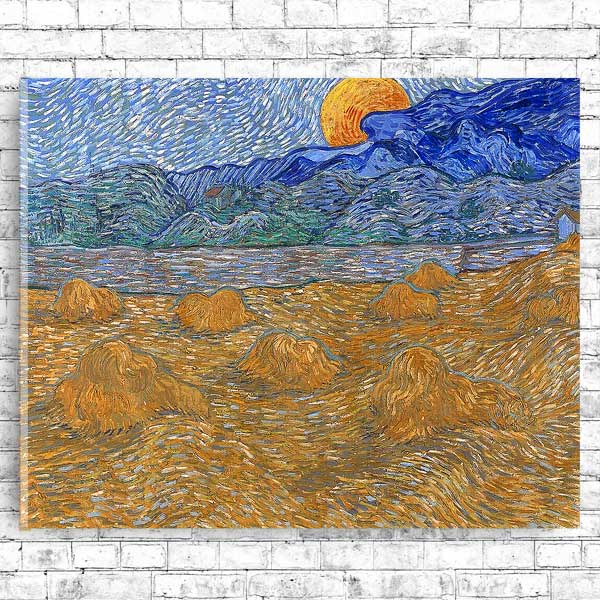 Landscape with Wheat Sheaves and Rising Moon by Vincent van Gogh - Buy Print Only or Mounted with Choice of Accent Color