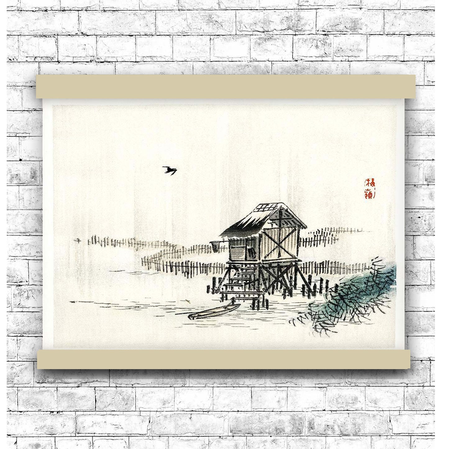 Cottage in the river by Kōno Bairei (1913) | Hanging Canvas Art | Choice of Board Colors