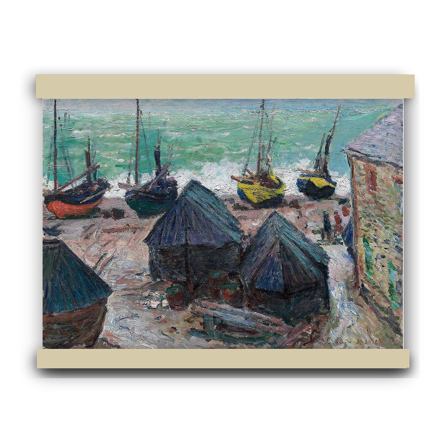 Boats on the Beach at Étretat (1885) by Claude Monet | Hanging Canvas Art | Choice of Board Colors