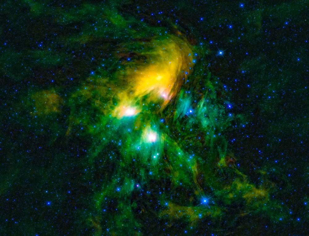 A vibrant image of the Pleiades cluster, depicting a spiral galaxy with bright yellow, green, and blue hues against a starry background.