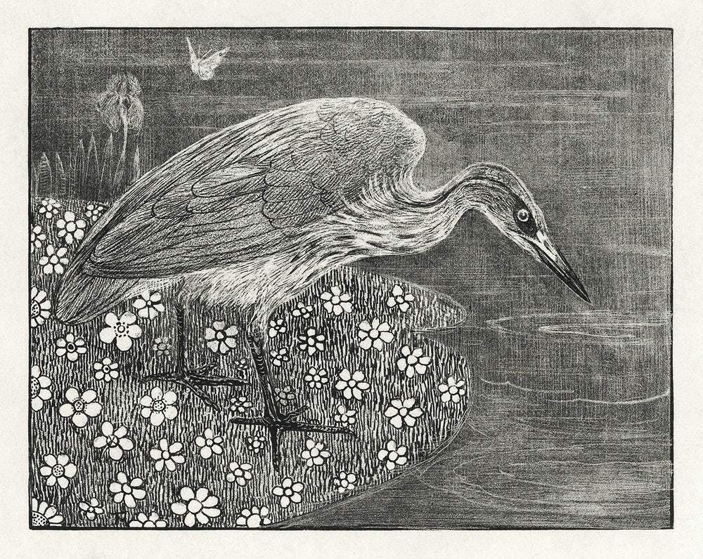 Aankondiging met reiger voor serie 'Dierstudies' (1878–1898)