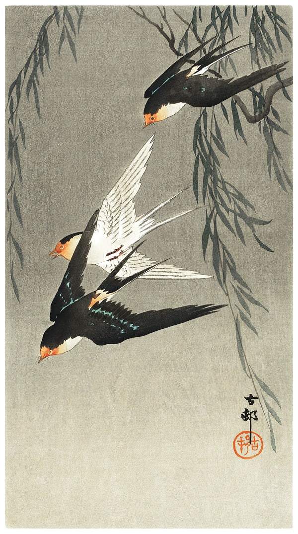 Three red-tailed swallows in dive (1900-1930) by Ohara Koson