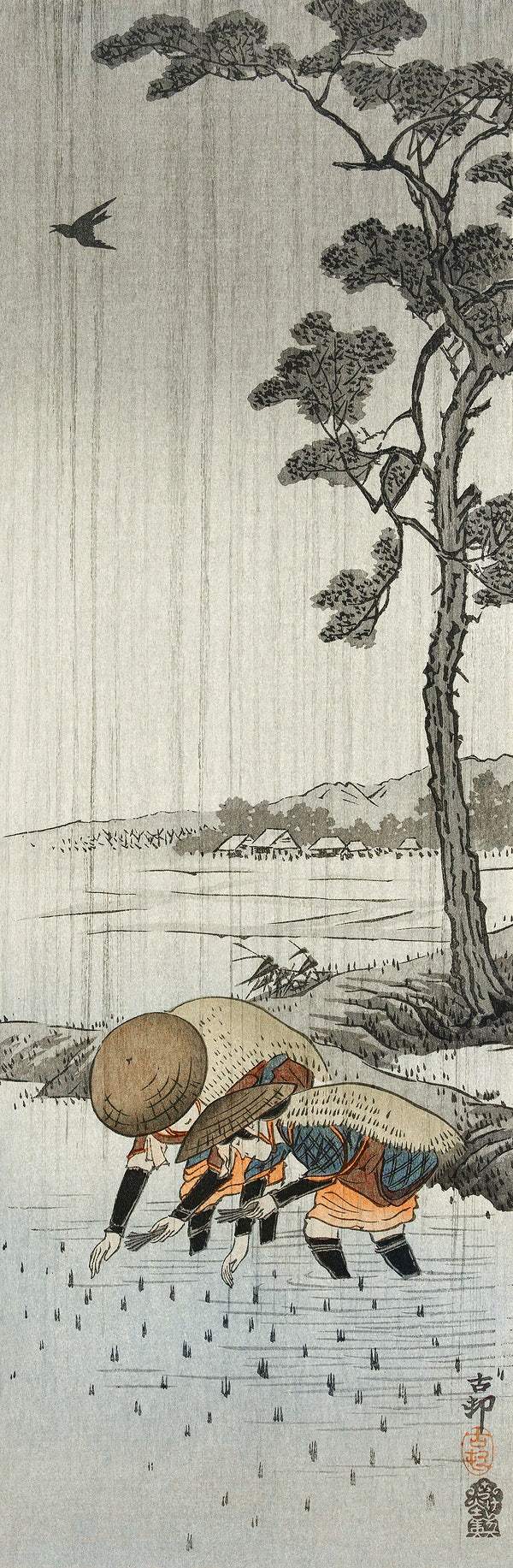Rice planters in the rain (1900 - 1910) by Ohara Koson