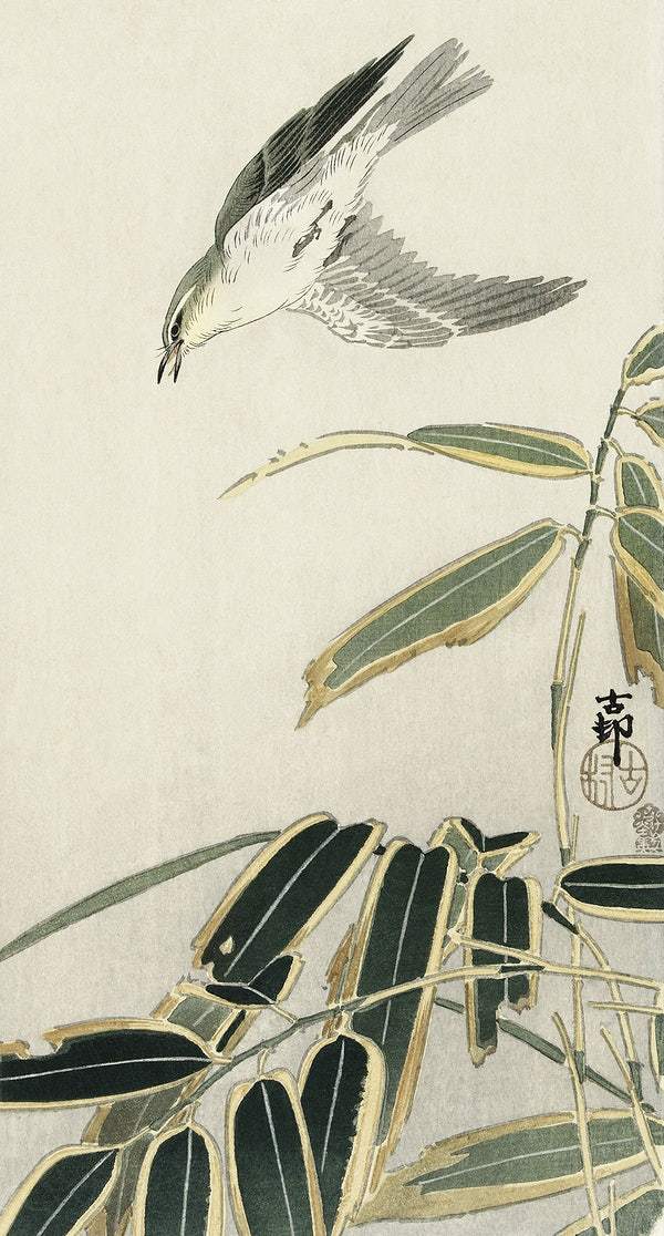 Wheatear in bamboo (1900 - 1910) by Ohara Koson