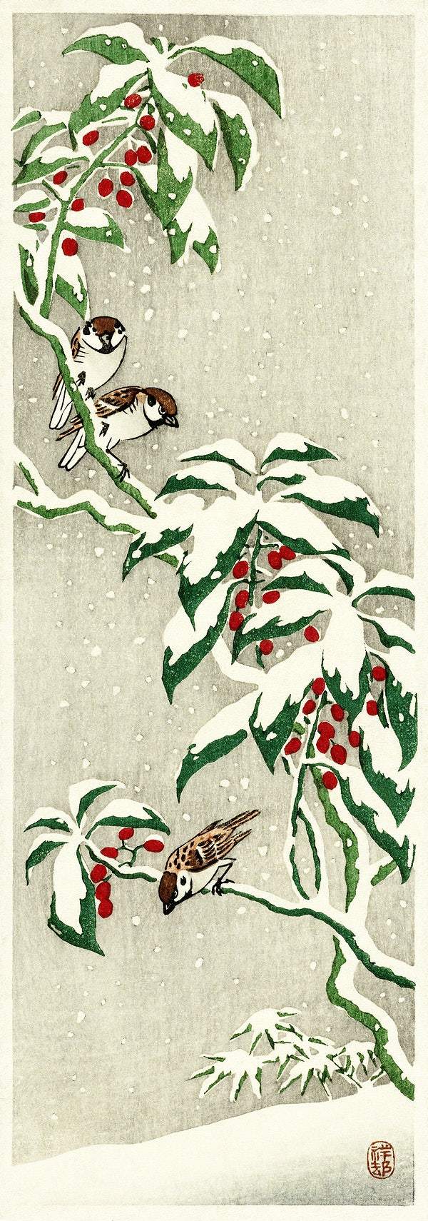 Sparrows on snowy berry bush (1900 - 1945) by Ohara Koson