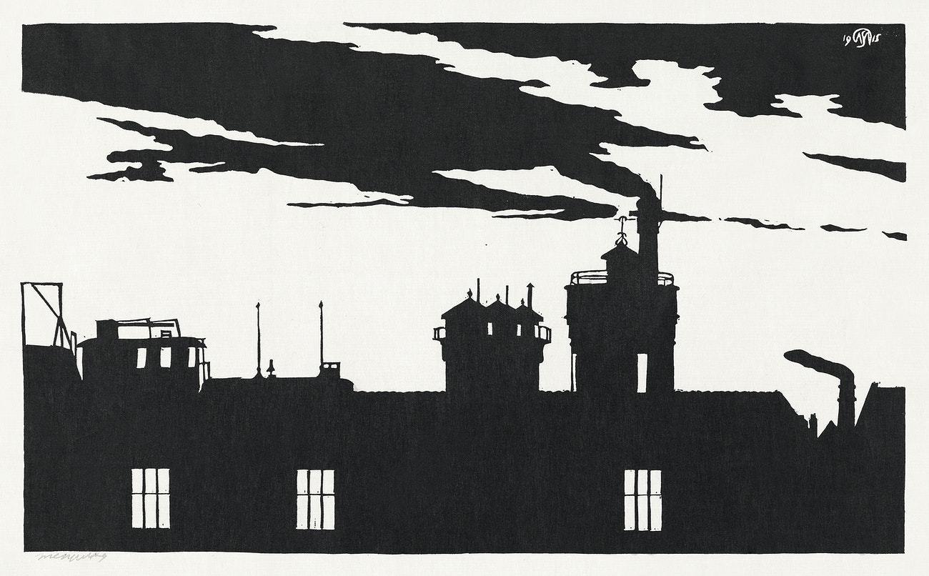 Silhouette Oostergasfabriek (1915) print in high resolution by Samuel Jessurun de Mesquita