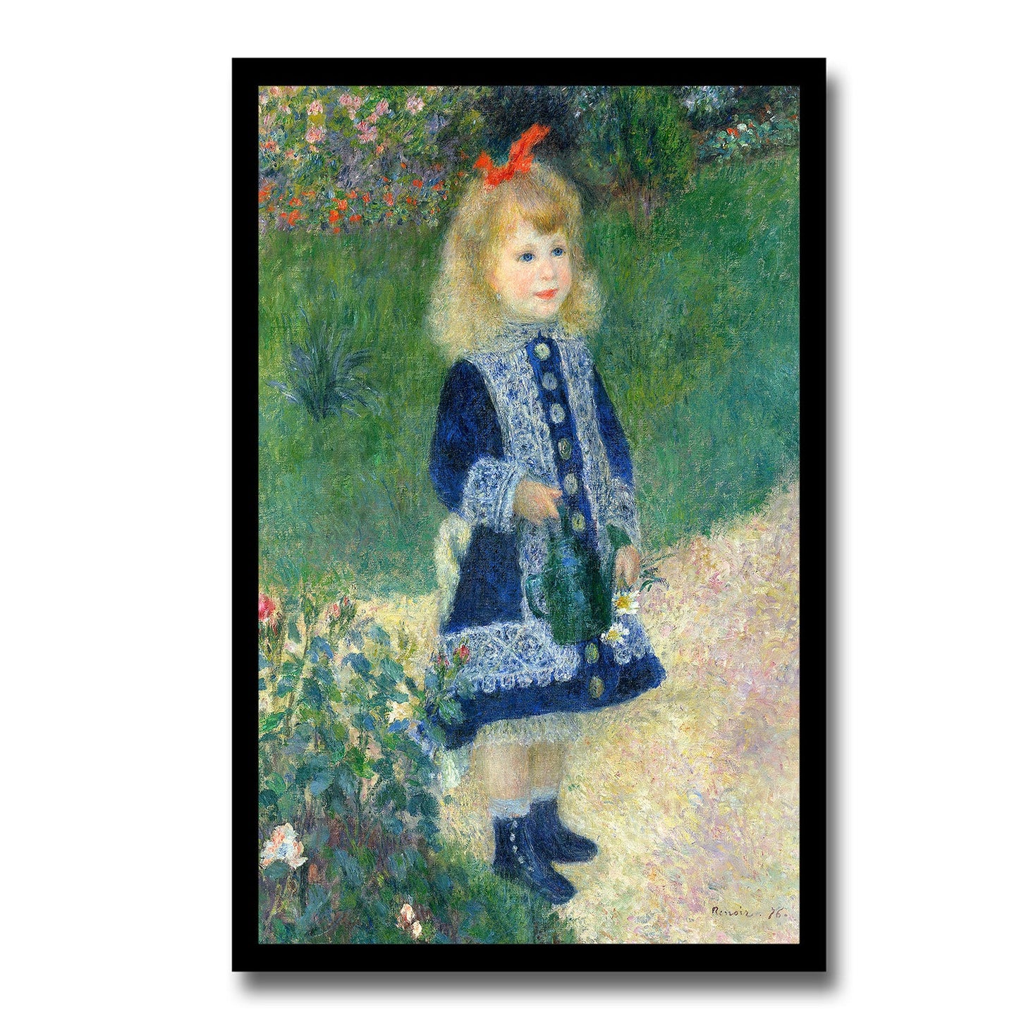 A printed art piece featuring a young girl with a watering can, dressed in blue, standing in a garden setting.