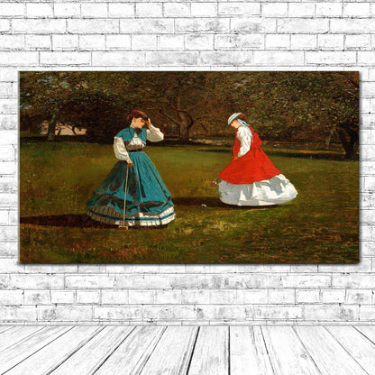 Framed artwork of two women in dresses on a grassy field with a white brick wall background.
