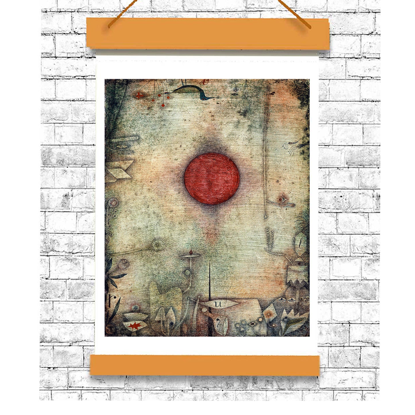 Abstract artwork with a red circle and various elements on a textured background, framed with orange and gray borders.