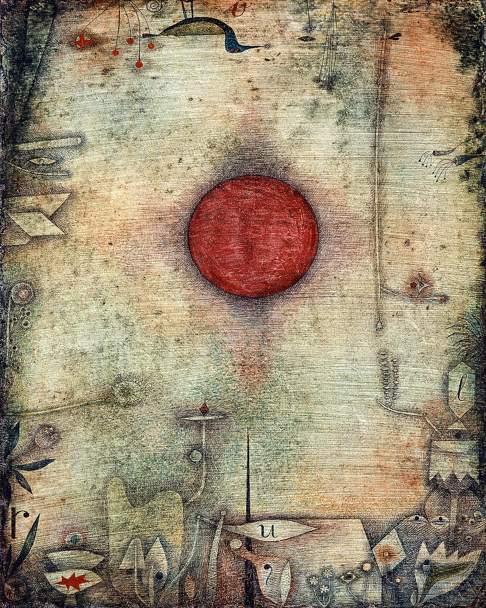 A framed print of a Paul Klee artwork featuring a red circle in the center with intricate patterns around it.
