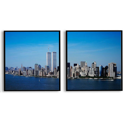 Aerial view of New York City, in which the World Trade Center Twin Towers