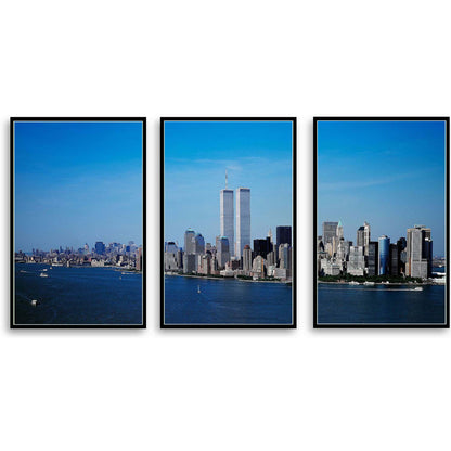 Aerial view of New York City, in which the World Trade Center Twin Towers