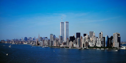Aerial view of New York City, in which the World Trade Center Twin Towers