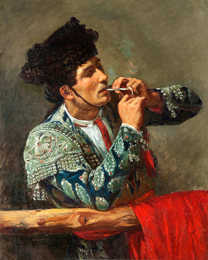 A framed print featuring a painting of a man in traditional bullfighter attire, holding a cigarette, with a decorative border.