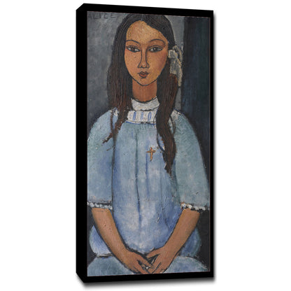 A framed print of a portrait painting featuring a young girl in a blue dress with a decorative border.