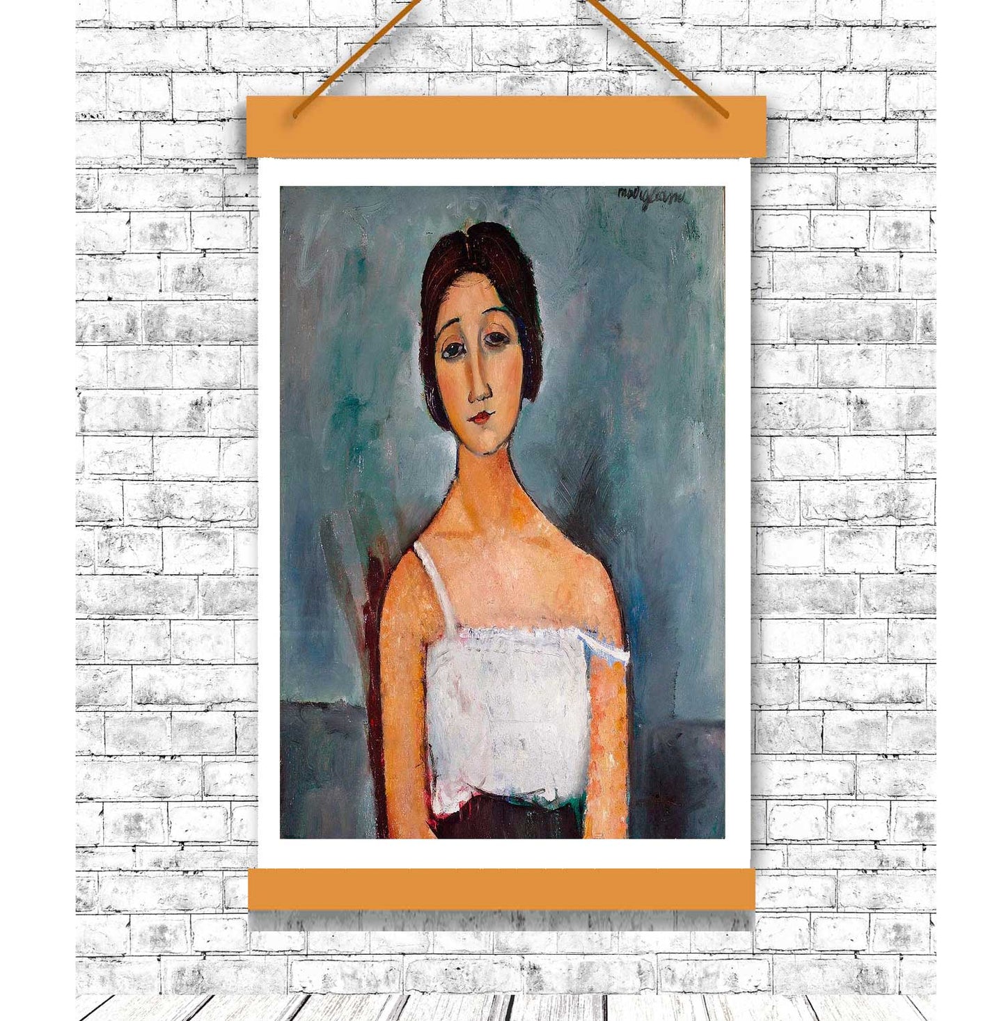 A framed print of a portrait painting featuring a woman in a white dress with a plain background.