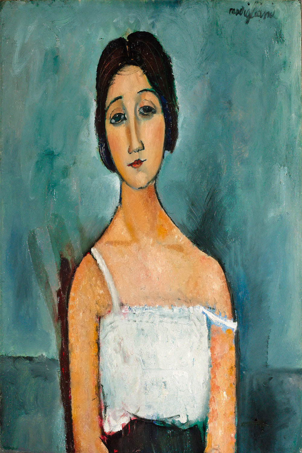 A framed print of a portrait painting featuring a woman in a white dress with a plain background.