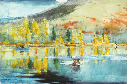 A framed print depicting a landscape with trees and a body of water, reflecting autumn colors.