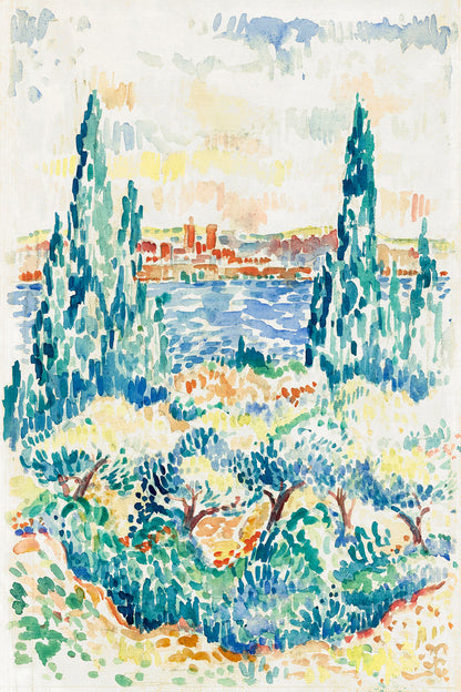 A framed print of a vibrant painting featuring a landscape with trees and a bright sky.