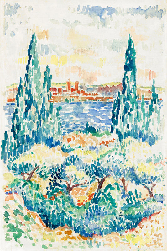 A framed print of a vibrant painting featuring a landscape with trees and a bright sky.