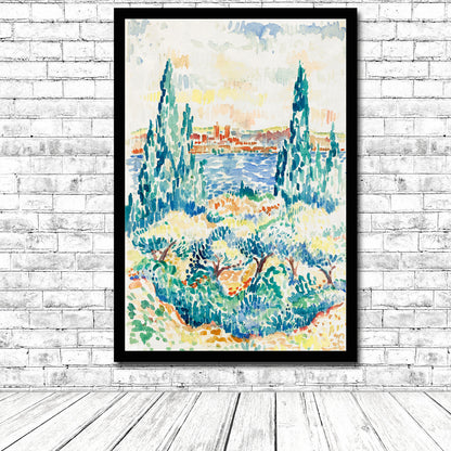 A framed print of a vibrant painting featuring a landscape with trees and a bright sky.