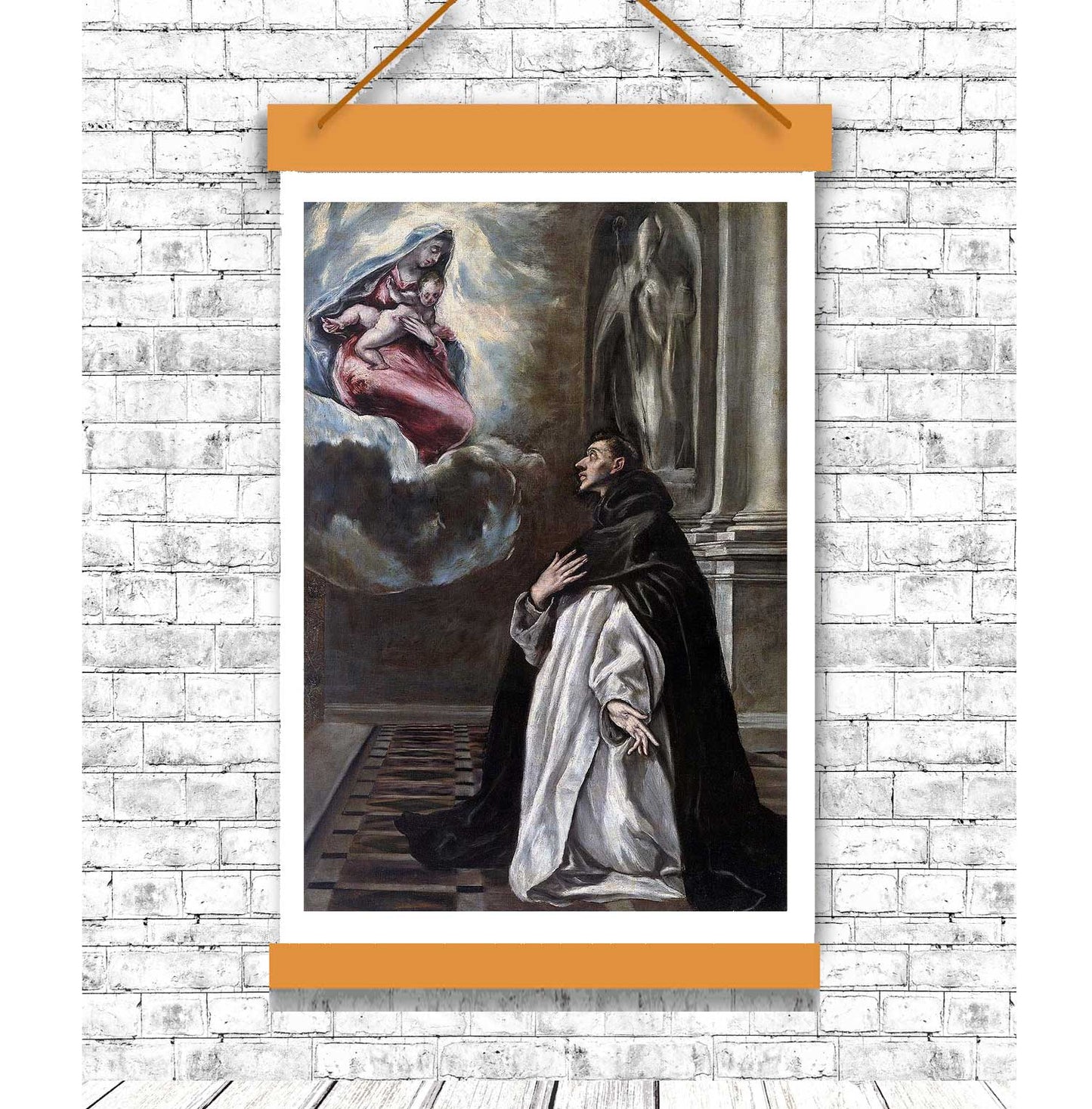 Artistic depiction of a religious scene with a person in a dark robe against a brick wall.