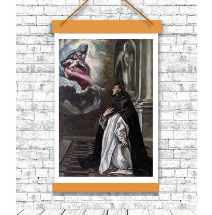 Artistic depiction of a religious scene with a person in a dark robe against a brick wall.