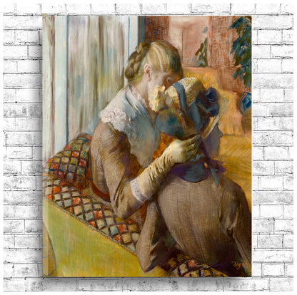 A framed print featuring a woman seated, fitting a mannequin in a milliner's shop, with a decorative border.