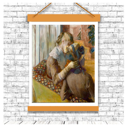 Painting of a woman sitting on a couch with a dog, framed and hanging on a white brick wall.