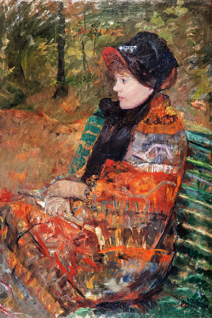 A framed print of a portrait painting featuring a woman dressed in period clothing, seated and gazing off to the side.