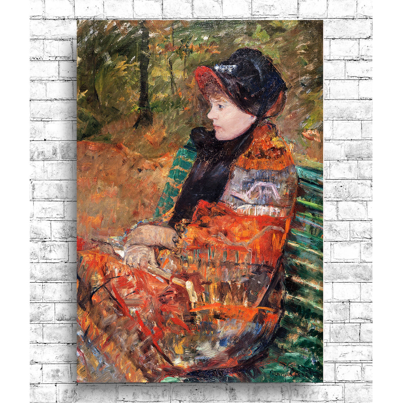 A framed print of a portrait painting featuring a woman dressed in period clothing, seated and gazing off to the side.