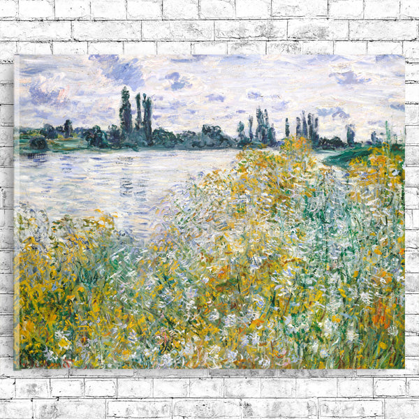 A framed print of 'Banks of the Seine, Vetheuil (1880)' by Claude Monet, depicting a landscape with a river and trees.