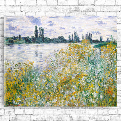 A framed print of 'Banks of the Seine, Vetheuil (1880)' by Claude Monet, depicting a landscape with a river and trees.