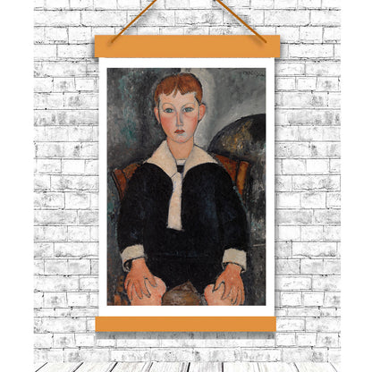 A framed painting of a boy in a sailor suit by Amedeo Modiglian, with a predominantly black, white, and gray color scheme.