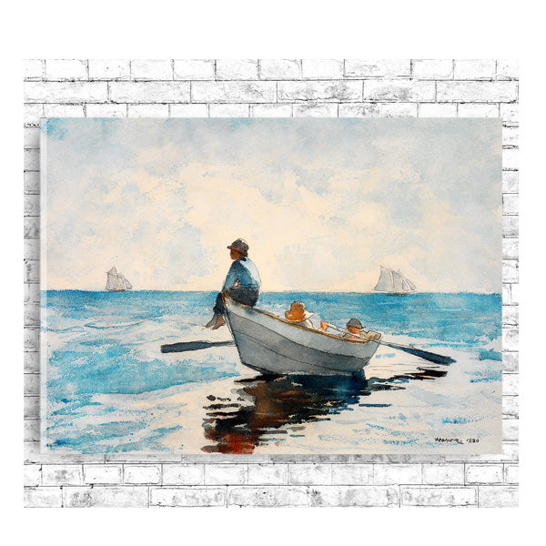 A framed print depicting a painting with two adults and two children in a rowboat on a calm body of water, with sailboats in the distance.
