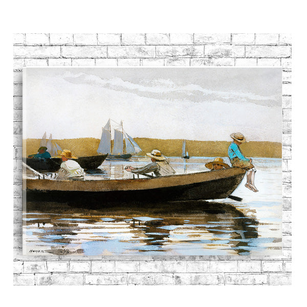 A framed print depicting a historical painting with people on a boat in a calm water setting with sailboats in the background.