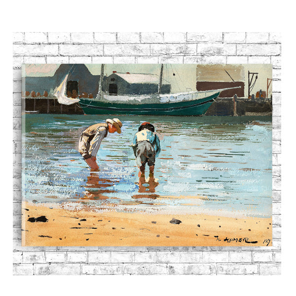 A framed print depicting two boys wading in water with boats in the background, offered in various customization options such as different colored borders or mounting styles.