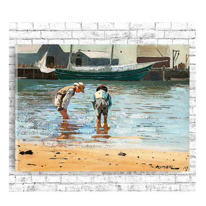 A framed print depicting two boys wading in water with boats in the background, offered in various customization options such as different colored borders or mounting styles.