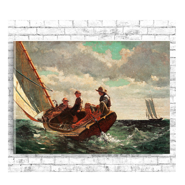 A framed print depicting a historical painting with two sailboats on an choppy ocean, with the mainsail of one boat filled with wind.