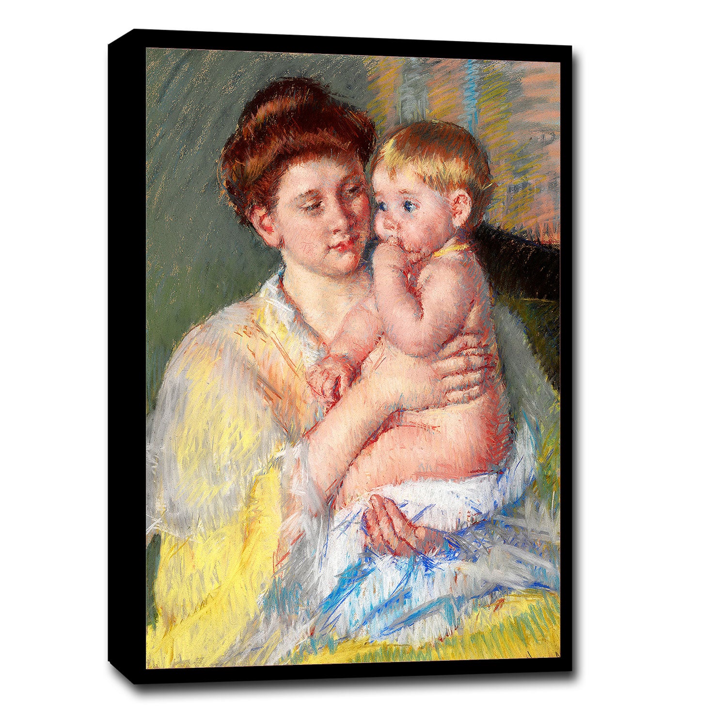 A painting depicting a mother holding a young child with a forefinger in his mouth. The image has a visible border and is presented in a vertical orientation.