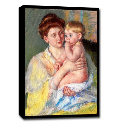 A painting depicting a mother holding a young child with a forefinger in his mouth. The image has a visible border and is presented in a vertical orientation.