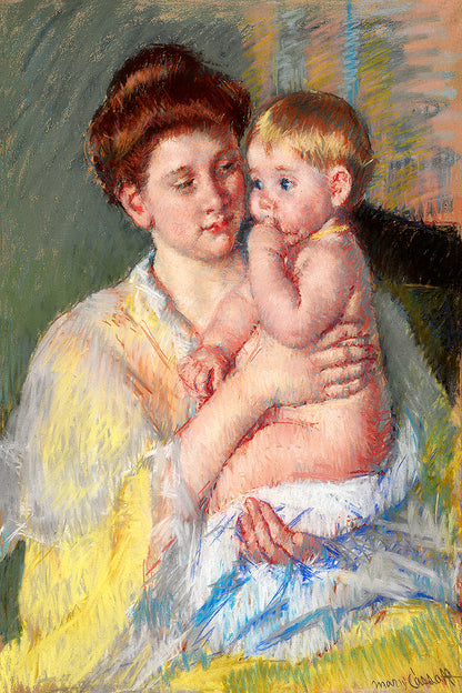 A painting depicting a mother holding a young child with a forefinger in his mouth. The image has a visible border and is presented in a vertical orientation.