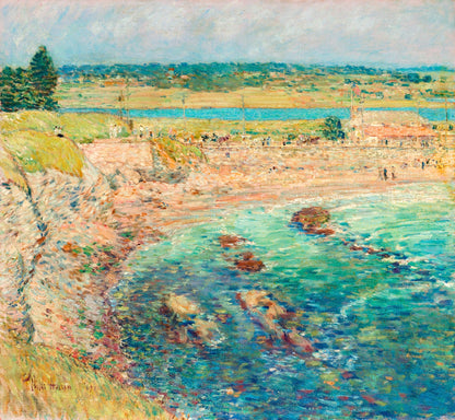 A vibrant art print featuring a beach scene with a clear blue-green ocean, rocks, and a sandy shore, bordered by greenery and a blue sky.