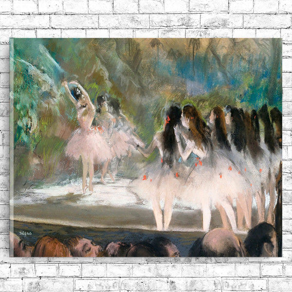 A framed print depicting a scene of ballet dancers on stage, with a colorful backdrop and a black frame.
