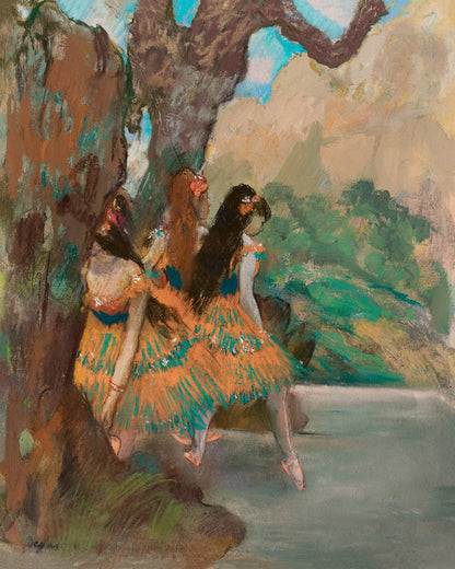 A framed print of 'Ballet Dancers' by Edgar Degas featuring two ballerinas in colorful skirts against a pastoral backdrop.
