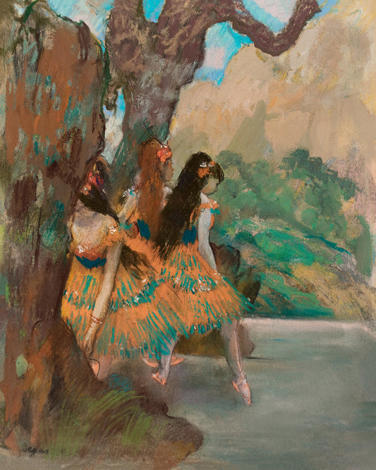 A framed print of 'Ballet Dancers' by Edgar Degas featuring two ballerinas in colorful skirts against a pastoral backdrop.